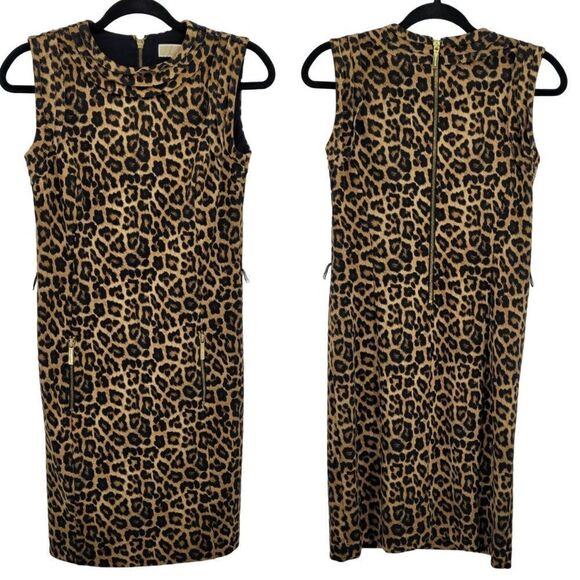 Michael Kors Sheath Dress 2 Brown Animal Leopard Day Night Exposed Zip Pockets - Picture 1 of 16